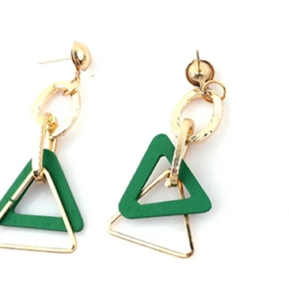 Multi-Shape Colorful Wooden with Gold-Tone Dangle Earrings, Push Back Closure - Picture 10 of 13